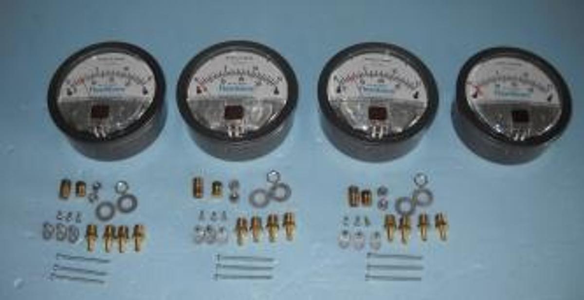 Used QTY. 4. FLEX-KLEEN GAUGE INCHES OF WATER #E21401 0-15 RESEARCH-COTTRELL MAX PRESSURE 15PSIG 12-190943-04 MAGNEHLIC THREE WITH HARDWARE. .