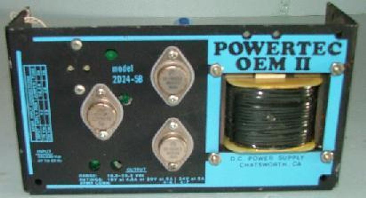 Used POWER TEC OEM II MODEL: 2D24-5B DC POWER SUPPLY INPUT: 115/230 VAC 47 TO 60 HZ. OUTPUT: RANGE: 18.0-25.2 VDC RATINGS 18V AT 4.5 A OR 20V AT 4-6 XFMR CONNECTIONS: INPUT: 115 VAC