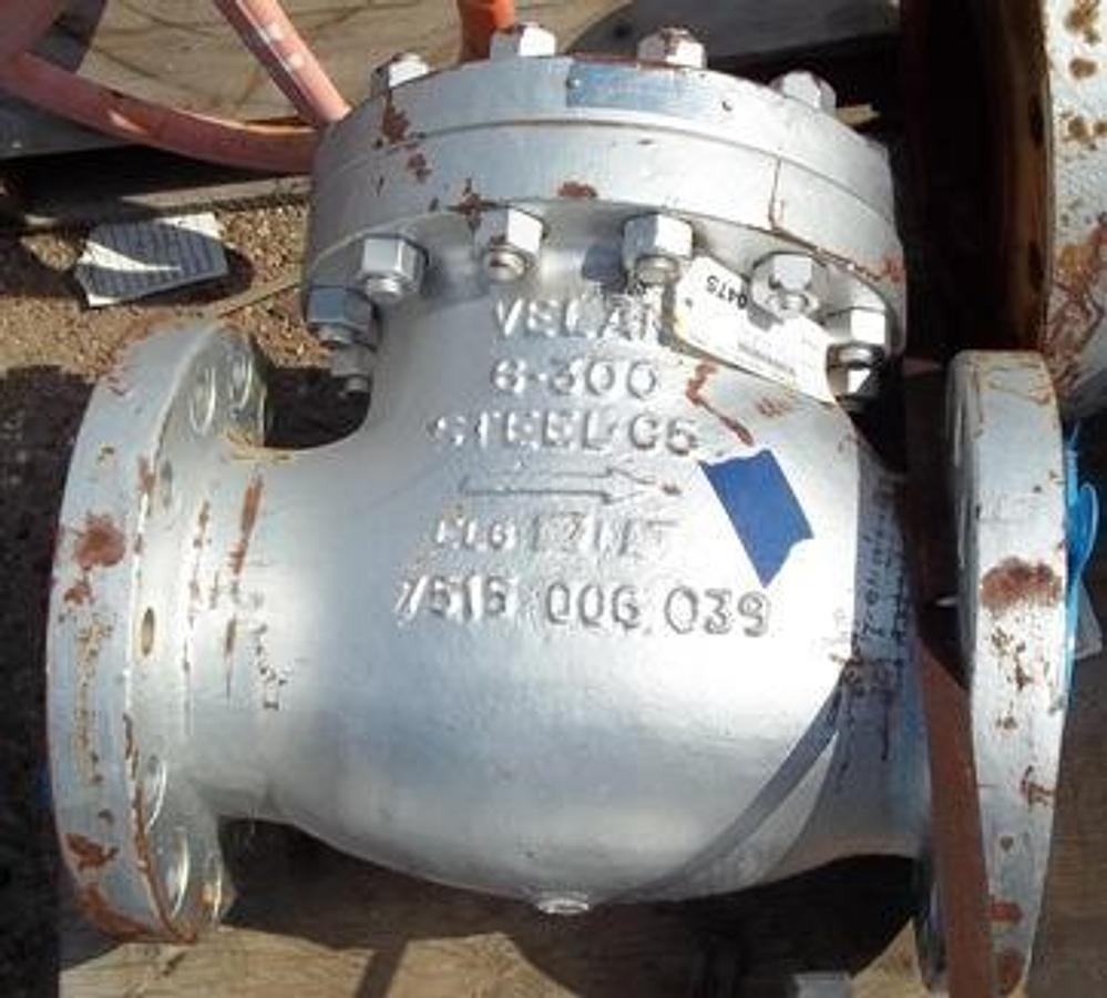 Used VELAN 6" 300 FLANGED RAISED FACE C5 CHECK VALVE. C5 VALVES ARE MADE UP OF A 5% CHROMIUM 1/2 % MOLYBDENUM ALLOY. THE MATERIAL IS SUITABLE FOR HIGH TEMPERATURE REFINERY SERVICES.