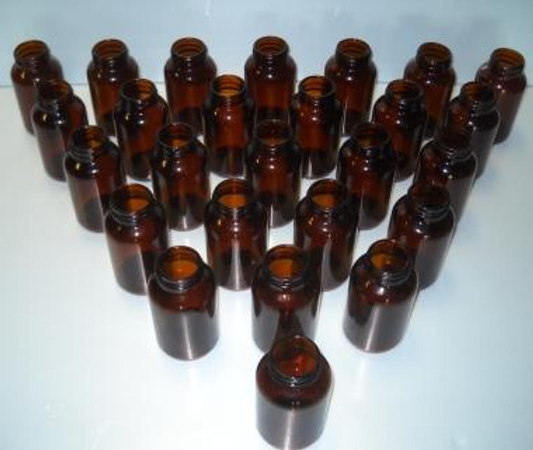 Used QTY. 26. AMBER JARS THREADED NECK