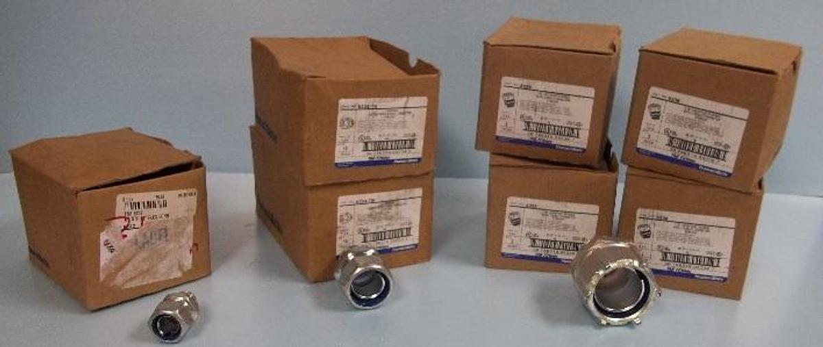 Used LOT. THOMAS @ BETTS LIQUID TITE FLEXABLE METAL CONDUIT CONNECTOR (STRAIGHT) CONSISTING OF: (1) BOX 25 COUNT ½" CAT NO. 5232. (2) BOXES 10 COUNT EACH 1" CAT. NO. 5234-TB. (4) BOXES 2 COUNT EACH 1-1/2" CAT. NO. 5236.
