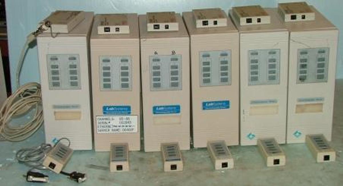 Used LABSYSTEMS CHROMATOGRAPHY SERVERS WITH ETHERNET NO. 00-00-30-00-00 FE (TYPICAL) WITH CTP100T 10-BASE-2 TO 10 BASE-T ADAPTER WITH LANVIEW CABLE TRON SYSTEMS 91 SERIES INPUT 10-15V 800MA MAX WITH CABLE HOOKUP WITH REMOTE.