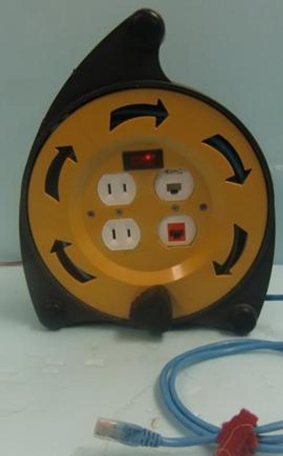 Used QTY. 1. COMMERCIAL ELECTRIC SKU 830-624 RETRACTABLE CORD REEL LIGHT DUTY 20FT. (6M) 16 GAUGE . 13 AMP . 125V CORD REEL E207 702 CR 002 I3A/125V 1625W 9G92 C US UL LISTED. WITH 4 INLET SOCKETS 2 FOR 120 VAC AND 2 FOR ETHERNET.
