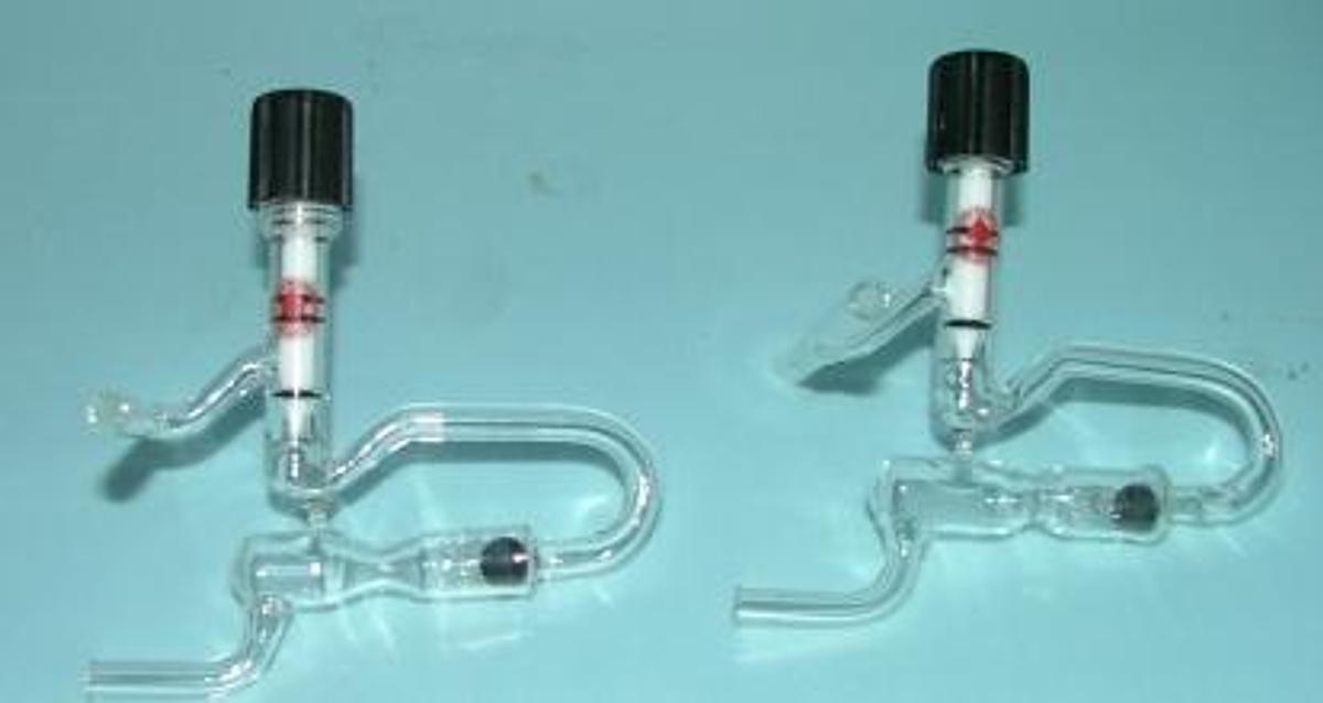 Used QTY. 2. ACE GLASS INC 3 ENDS W/ TURN SCREW VALVE W/ CHECK VALVE BALL.