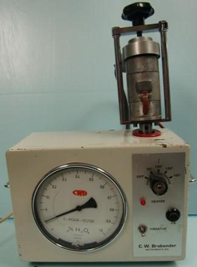 Used QTY. 1. C.W. CWB BRABENDER INSTRUMENTS INC. C-AQUA-TESTER TYPE C-4L NO.13276 VOLTS 115 AMP.1 PH 1 CY. 60 HZ FUSE 3 AMP. 80-160 DEGREES CENTIGRADE GAUGE READING % H2O X 2 UBERDRUKSICHER -10 TO 1