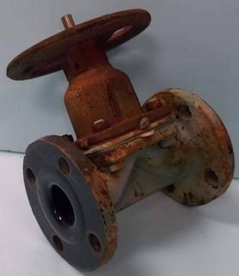 Used QTY. 1. JPG GRINNELL GLASS LINED FLANGED GLOBE VALVE CAST IRON