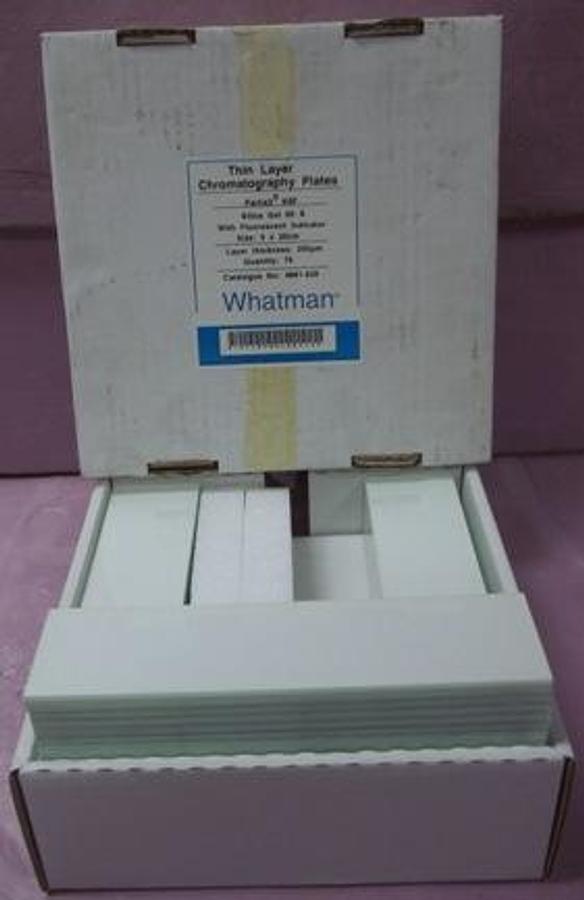 Used WHATMAN INTERNATIONAL LTD. THIN LAYER CHROMATOGRAPHY PLATES PARTISIL K6F SILICA GEL60A WITH FLOURESCENT INDICATOR SIZE: 5 X 20 CM LAYER THICKNESS 250 CAT# 4861-620 IN ORIGINAL PACKAGING.