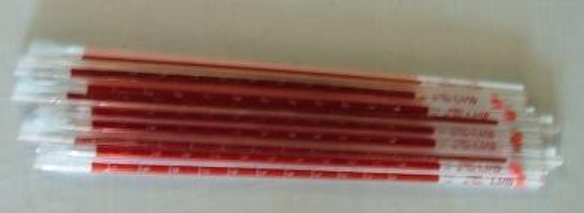 Used QTY. 3. GLASS PIPETTES: 1ML GRADUATED WITH RED INDICATOR STRIP