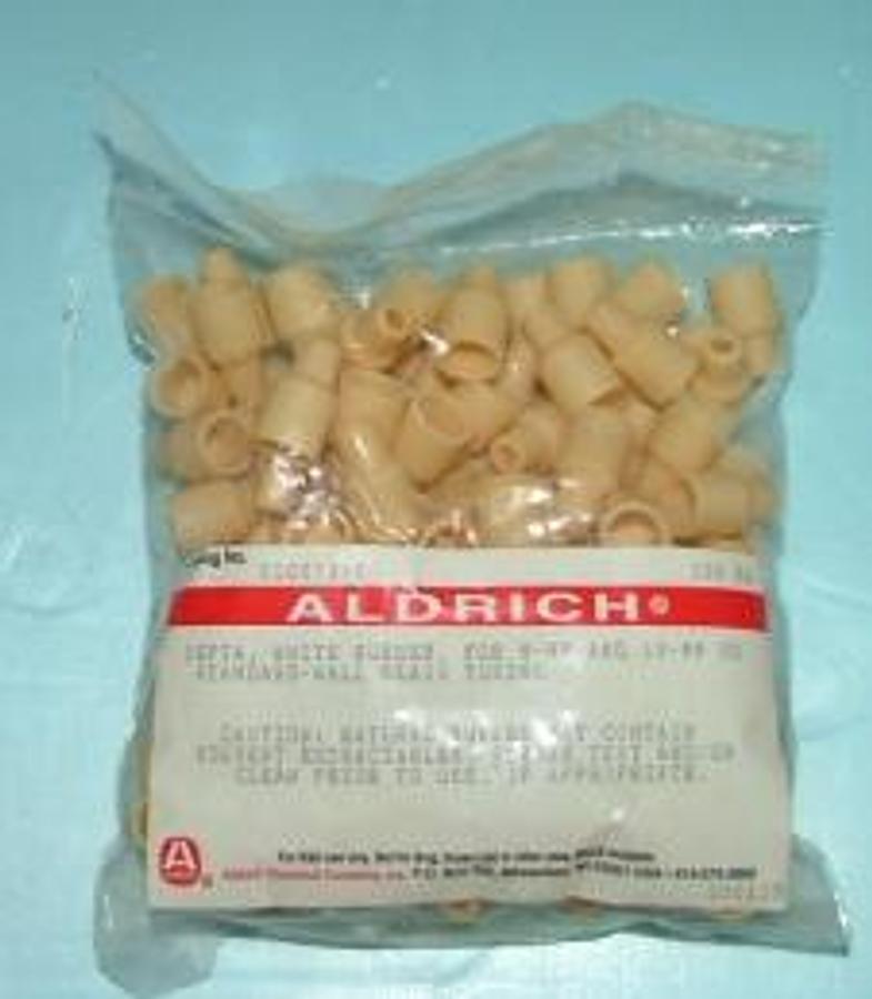 Used QTY. 100. ALDRICH NEW IN BAG CAT: Z10073-0 SEPTA WHITE RUBBER FOR 9MM AND 10MM OD STANDARD WALL GLASS TUBING.