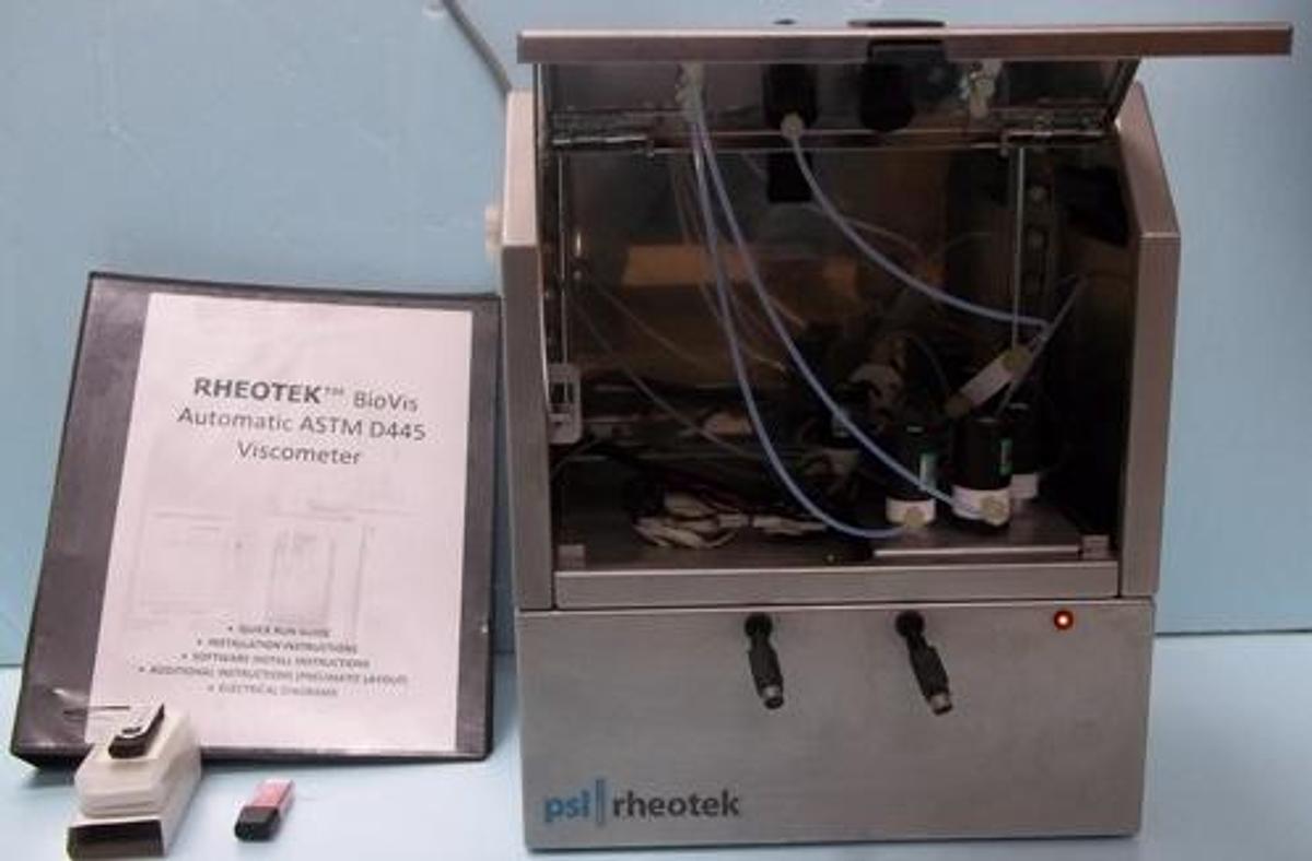 Used QTY. 1. PSL RHEOTEK VISCOMETER MODULE LABELED: 1 VISCOMETER AND VISCOMETER: 2. BIOVIS PSI RHEOTEK INSTRUMENT TYPE RPV 1 110 V 50/60 HZ SERIAL NO 11008011. INCLUDES REHEOTEK BIO-VIS AUTOMATIC ASTM D445 VISCOMETER QUICK RUN GUIDE