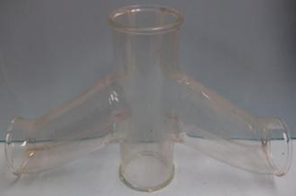 Used PYREX GLASS 4" 4 WAY GLASS DRAIN PIPE. BEADED ENDS.
