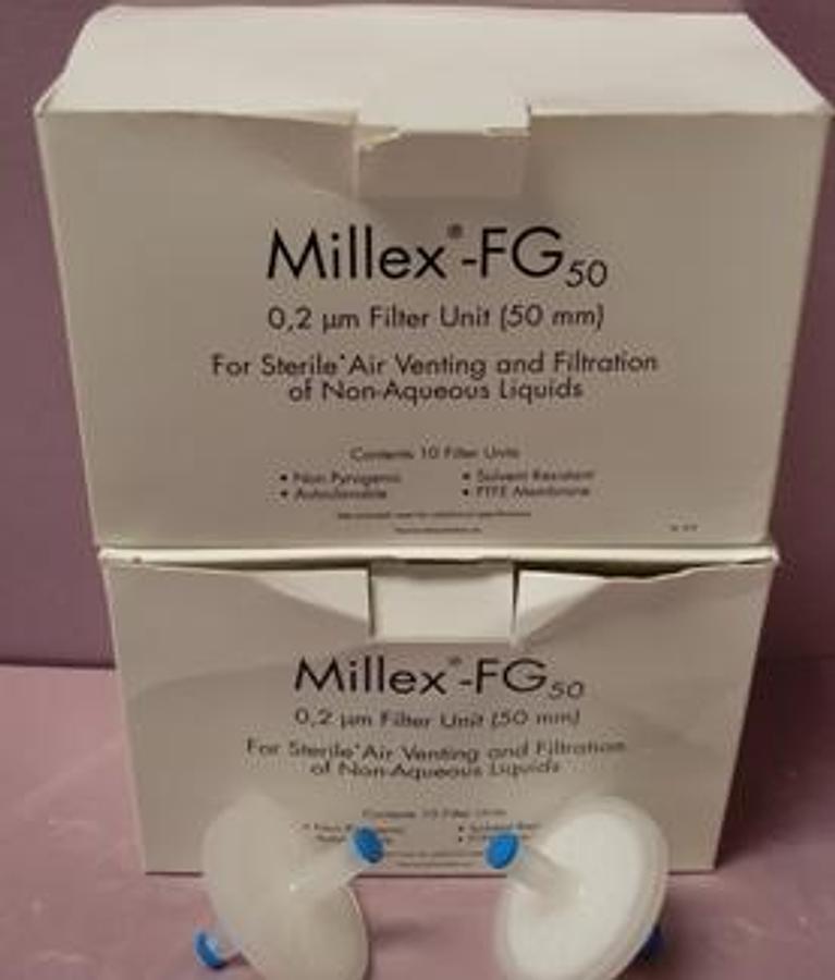 Used MILLEX FG 50 0.2 MM FILTER UNIT 50 MM FOR STERILE AIR VENTING AND FILTRATION OF NON-AQUEOUS LIQUID AND 34 USED. FOR COLUMBUS INSTRUMENTS.