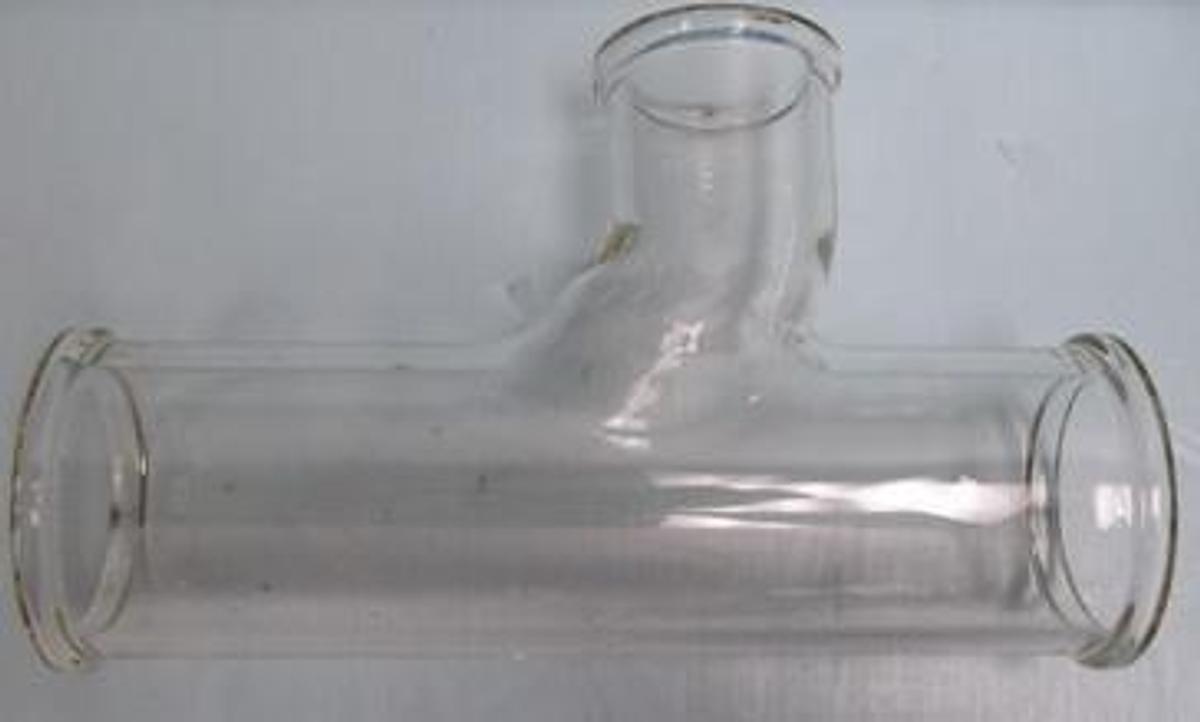 Used PYREX GLASS 1 ½" TO 2" 0FF SET TEE GLASS DRAIN PIPE 7 ¾" LONG BEADED ENDS.