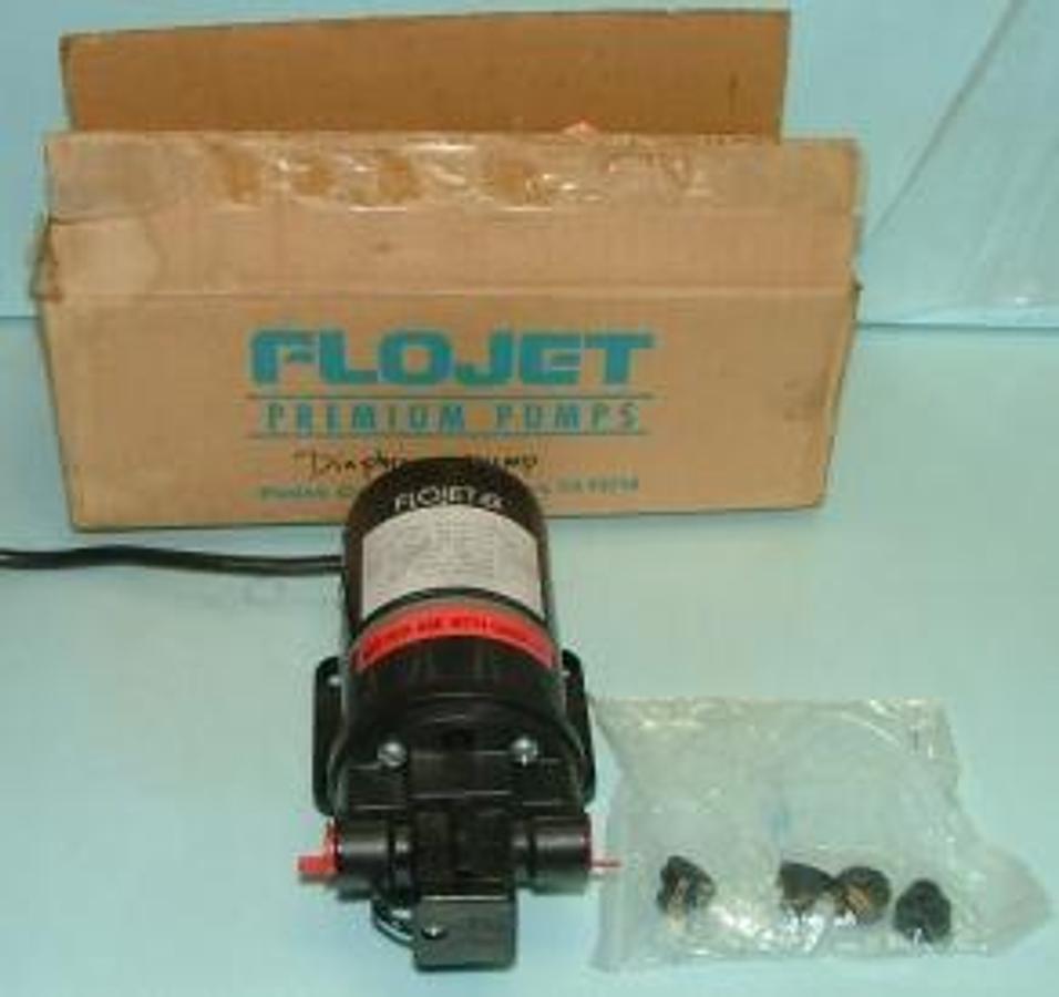 Used QTY. 1. FLOJET DIAPHRAGM PUMP MODEL A304010210 115 VOLT 50/60 HZ .5 AMP MAX FLOW 1.85 GPM-7.0 L/MIN MAX PRESSURE 50 PSI-3.5 BAR DO NOT USE WITH OIL BASED CHEMICALS