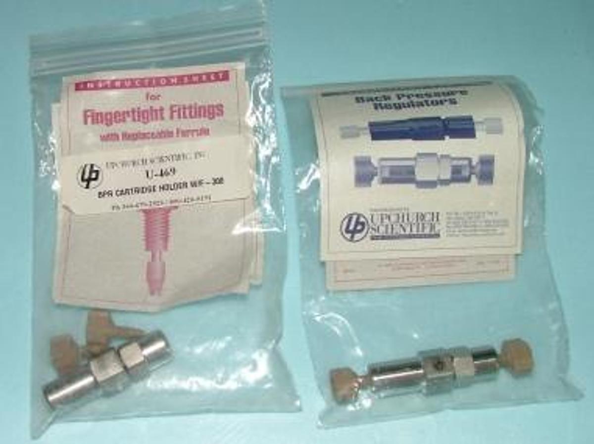 Used QTY. 2. UPCHURCH SCIENTIFIC BACK PRESSURE REGULATORS 4-496 BPR CARTRIDGE HOLDER W/F-300 FINGER TIGHT FITTINGS W/ REPLACEABLE FERRULE.