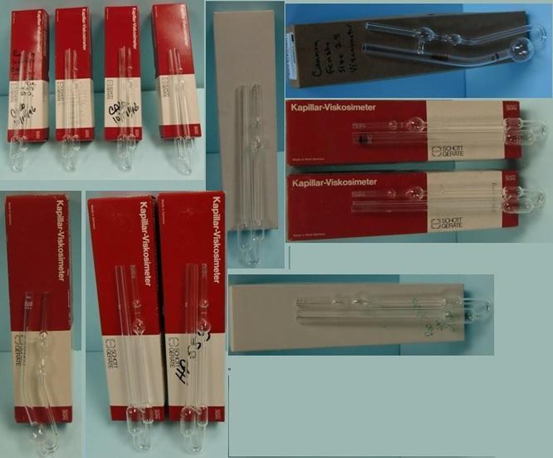 Used CAPILLARY VISCOMETER TUBES CONSISTING OF: 4). SCHOTT-GERATE GMBH SCHOTT GRUPPE CAPILLARY VISCOMETER TYP-NR.525 20 4055 APP.-NRS 101989