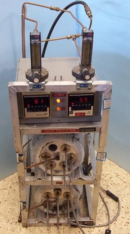 Used QTY. 1. DUAL MULTI SAMPLE FURNACE WITH 6 HORIZONTAL HOLES 1" X 6-3/4" HOLES THAT HOLD PERFORATED BASKET SAMPLE HOLDERS IN EACH. THIS UNIT IS FABRICATED USING GLAS-COL HEATING MANTLES 2 BARBER COLEMAN 590 HEAT CONTROL MODULES