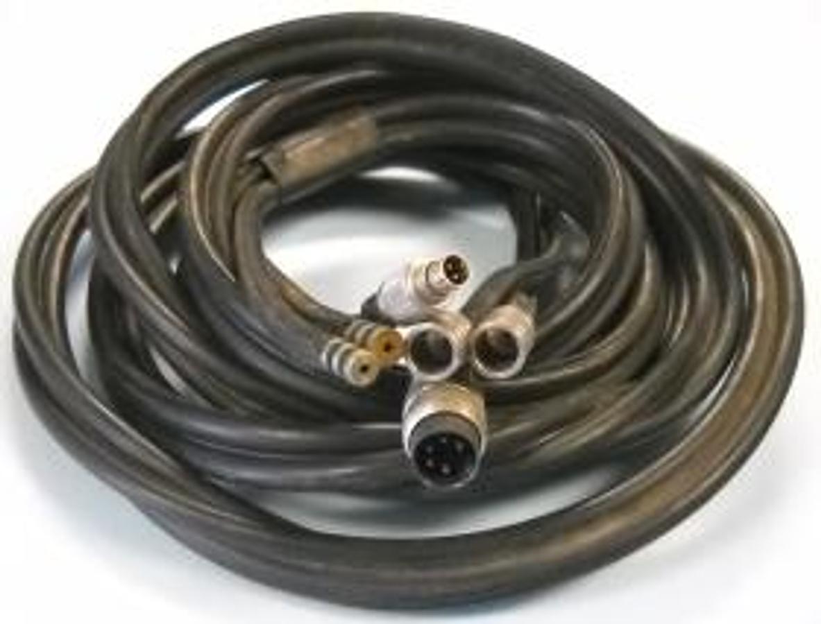 Used QTY. 1. EQUIPMENT CABLE BLACK 9 FOOT 3 INCHES 5 PIN ROUND MALE LARGE X 4 PIN ROUND MALE SMALL ADJOINED TO 2 MALE X FEMALE LOCKING HOSES.