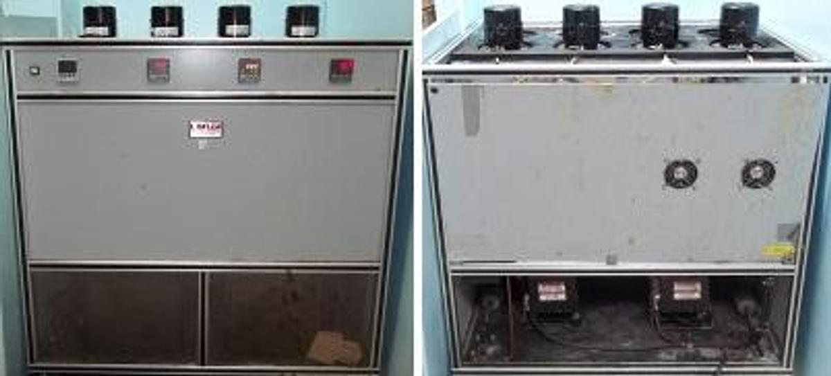 Used LAWLER MANUFACTURING CORPORATION CHILLER CIRCULATING 4. CELL 14" X 6" X 6" BATH 250V 20A NO TAGS NO NUMBERS WITH 4. A.O. SMITH STIRRING MOTOR MOD. NO.: JB2RO75N# 115/230V 60HZ 1.48/.74A 1550 RPM 1/20 HP 1PH BALL BEARINGS CONT. A.O. STOCK NO.: 419