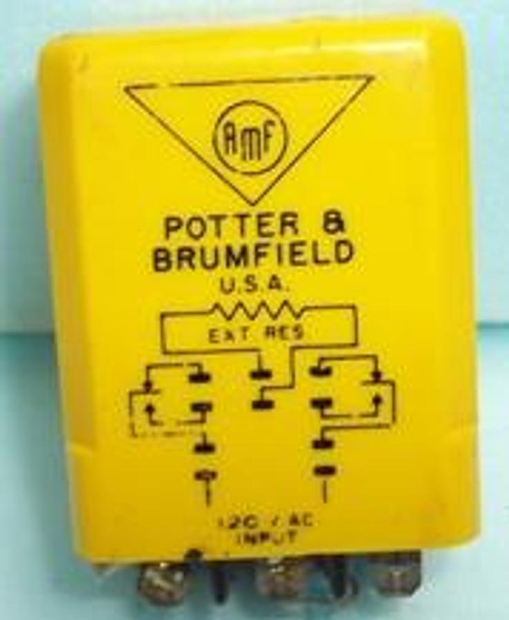 Used POTTER & BRUMFIELD U.S.A. AMF EXT. RES. 120 VAC INPUT TIME DELAY ON OPERATE EXT. RES. ADJ. CONTACTS 10 AMP 1/3 HP AT 120 VAC OUF-4-70120 TIME: 1.0 SEC. APPROX. RESISTANCE SHORT TIME: 120 SEC. APPROX. RESISTANCE 2.4 MEGOHMS 7030M2. .