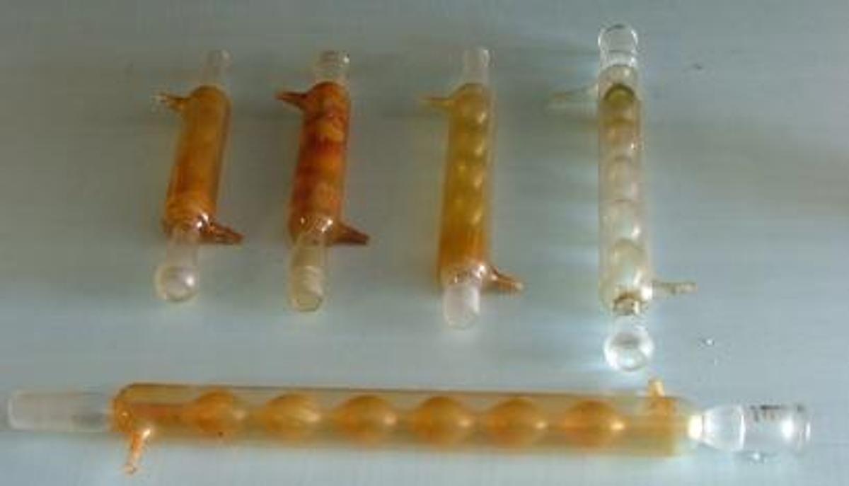 Used QTY. 5. ALLIHN CONDENSERS: A. 7" WITH BALL JOINT B. 7" WITH BALL JOIN C. 10" D. 12" WITH BALL E. 15" SCIENTIFIC GLASS AND PLASTIC CO.