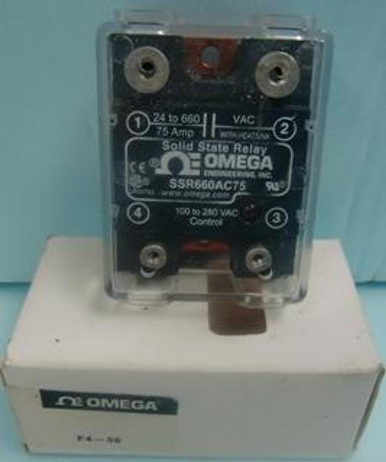 Used QTY. 1. OMEGA ENGINEERING INC. SOLID STATE RELAY SSR660AC75 WITH HEAT SINK 24-660 VAC 75 AMP 100-280 VAC CONTROL CE CSA LR59793 IN ORIGINAL PACKAGING.