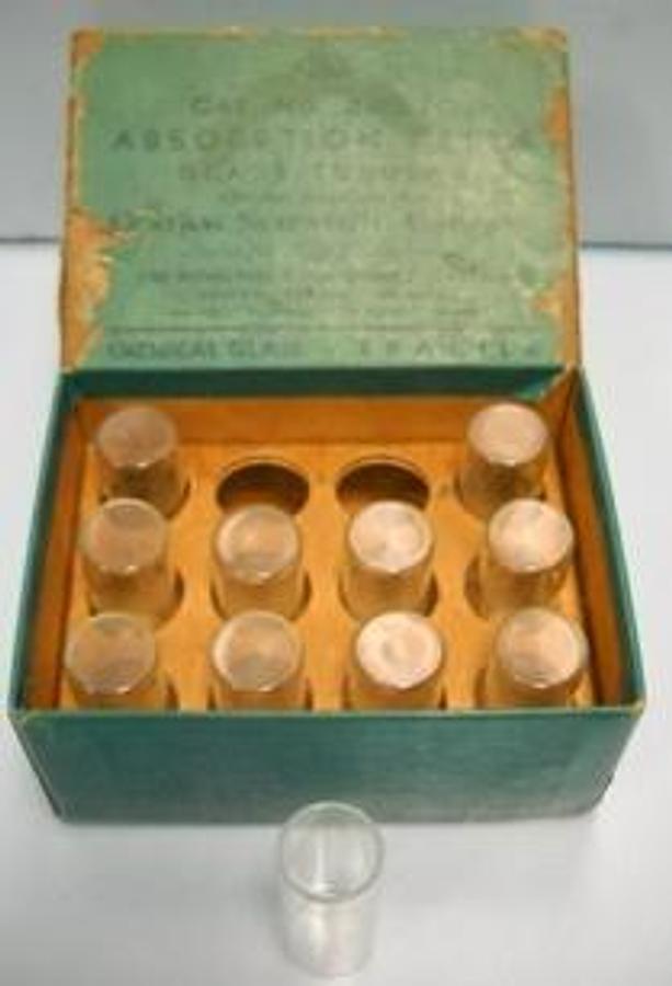 Used QTY. 1. BOX OF 11 CENCO ABSORPTION CELLS GLASS TUBULAR CAT. NO. 29730. .