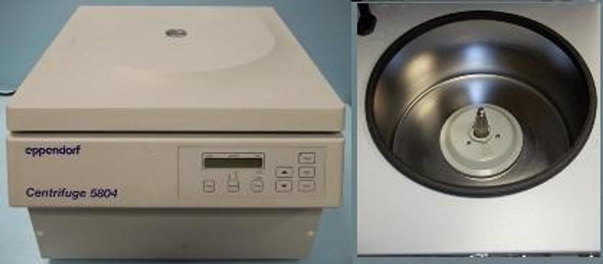 Used EPPENDORF CENTRIFUGE MODEL: 5804 SER# 01872 120V 60HZ 850 WATTS MAX SPEED: 14000 MIN/ WITH ROTOR TOOL: 906QX150.
