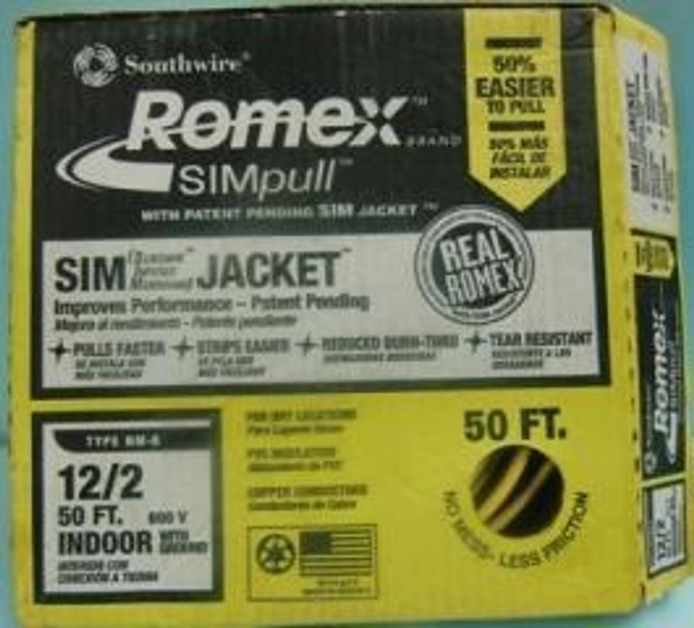 Used SOUTHWIRE ROMEX BRAND SIMPULL SIM (SLIKQWIK INFUSED MEMBRANE) JACKET REDUCED BURN-THRU REAL ROMEX TYPE NM-B 12/2 50 FT. INDOOR 600 V WITH GROUND FOR DRY LOCATIONS PVC INSULATION COPPER CONDUCTORS UL LISTED NONMETTALIC SHEATHED CABLE ISSUE NO. A-5