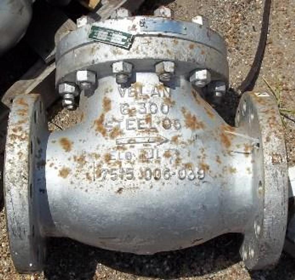 Used QTY. 1. VELAN 6" 300 FLANGED RAISED FACE CHECK VALVE C5. (C5 VALVES ARE MADE UP OF A 5% CHROMIUM 1/2 % MOLYBDENUM ALLOY. THE MATERIAL IS SUITABLE FOR HIGH TEMPERATURE REFINERY SERVICES). 6-300 STEEL C5 EL6 L 7515006-039.