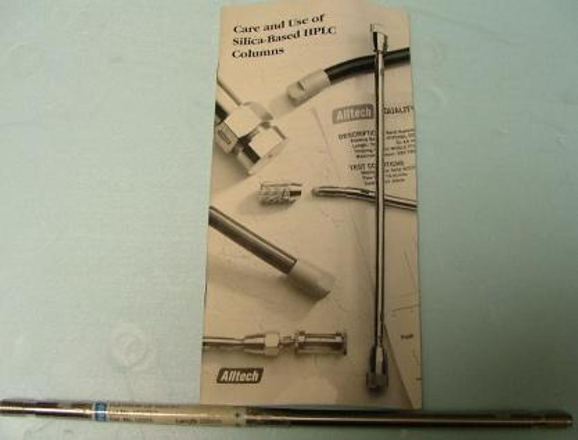 Used QTY. 1. ALLTECH PLATINUM C8 100A 54U LOT NO 1712 75/1 CAT NO 32376 LENGTH 250MM SER 96041463 ID NO 4.6MM W/ QUALITY ASSURANCE CHROMATOGRAPHY SHEET W/ CARE AND USE OF SILICA-BASED HP;C COLUMNS PAMPHLET.