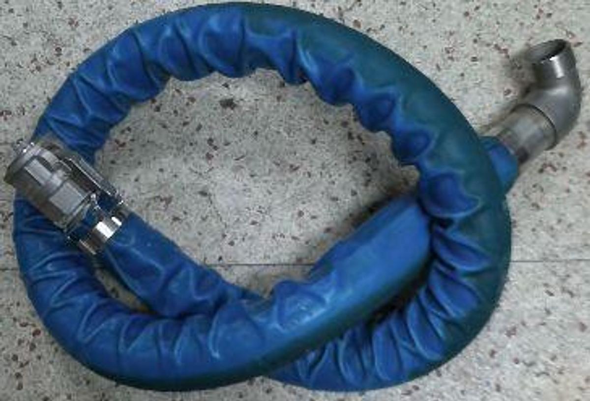Used INDUSTRIAL STAINLESS STEEL FLEX HOSE 8 FOOT LONG 2" DIAMETER WITH 2" OPW KAMLOCK FITTING NO: 733-DL
