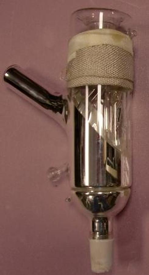 Used QTY. 1. LANG SCIENTIFIC SILVERED VACUUM GLASS DISTILLATION HEAD COLUMN FEED ADAPTER 10/30 THERMOMETER WELL