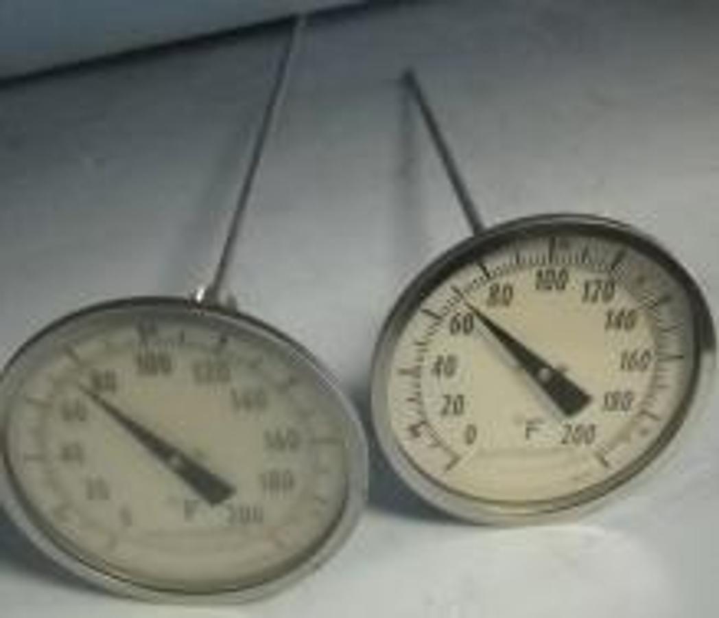 Used QTY. 2. ASHCROFT "VERY ANGLE" BI-METAL DIAL THERMOMETER 0-200°F A. 18" STEM B. 12" STEM.