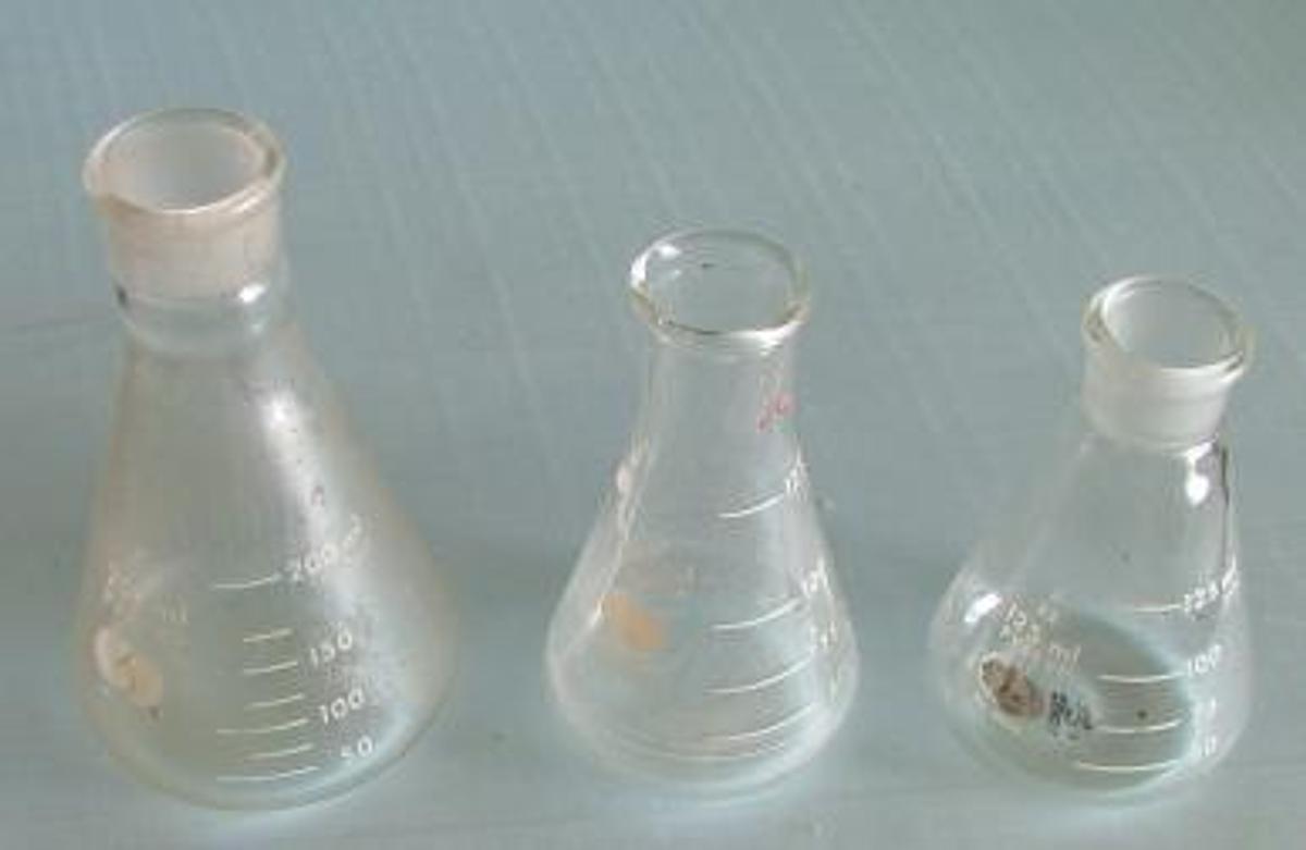 Used ERLENMYER FLASKS 1 = 125 ML GROUND GLASS 1=125 ML 1 = 200 ML.