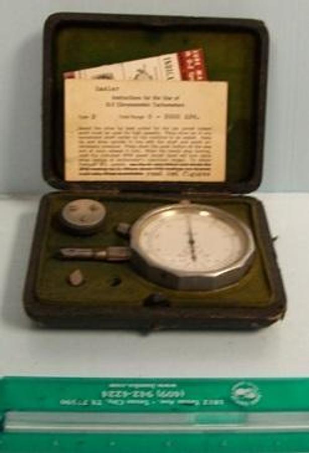 Used HASLER 0-Z HAND HELD DIAL CHRONOMETRIC TACHOMETER TOTAL RANGE= 0-2000RPM SERIAL 735035 IN CASE WITH ATTACHMENTS AND INSTRUCTIONS.