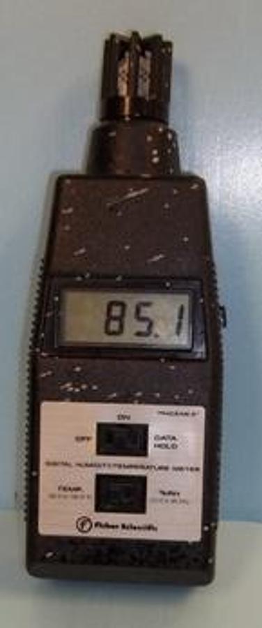 Used QTY. 1. FISHER SCIENTIFIC DIGITAL HUMIDITY TEMPERATURE METER (TRACEABLE) L618358 TEMP: 32 DEG. F. TO 140 DEG. F. %RH= 10.0-95.0%.
