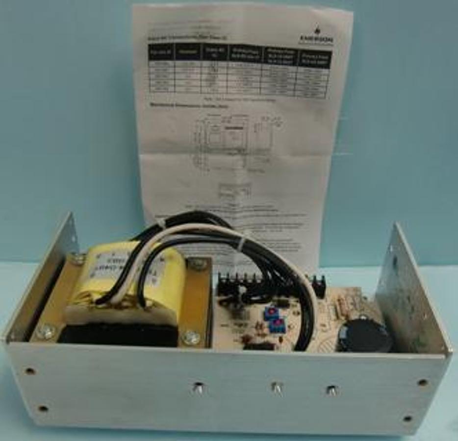 Used EMERSON INDUSTRIAL AUTOMATION EGS ELECTRIC GROUP SOLA HEAVY DUTY LINEAR OPEN FRAME DC POWER SUPPLY MODEL NO. SLS-24-048T REGULATED POWER SUPPLY OUTPUT +24VDC @ 4.8A AC CONNECTION AND RATING TABLE 100/120VAC