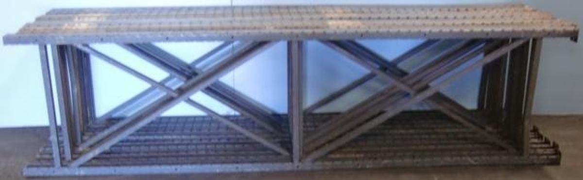 Used PALLET RACKS 107 ¾" X 28 ¼" X 3 ¼" GRAY SQUARE FOOTED OPEN TOP 18 ROUND RACK BEAM HOLES.