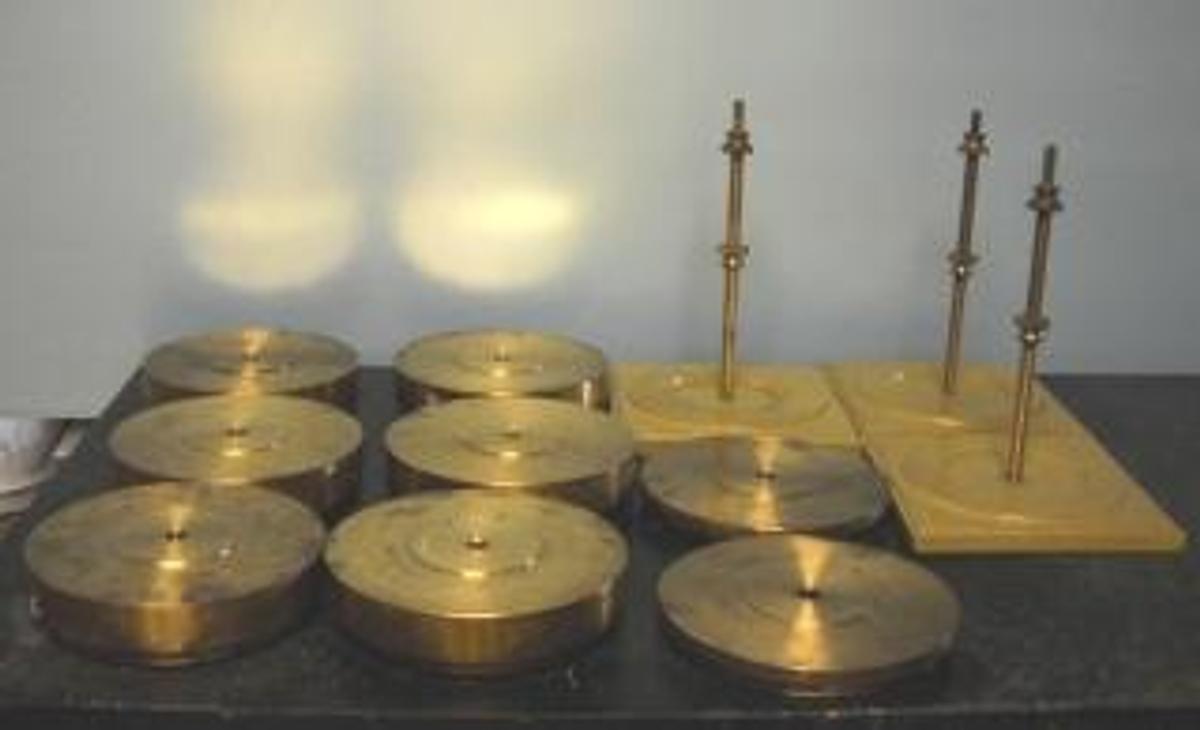 Used QTY. 8. CHANDLER ENGINEERING / AMETEK DEAD WEIGHT TESTER WEIGHTS AND STAND ONLY (6) ARE C.E. 1000 KPA