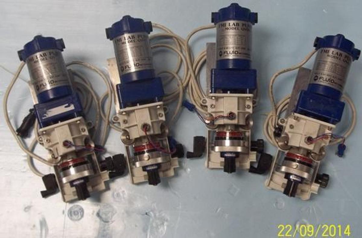Used FMI LAB PUMP METERING ("Q" PUMP) MODEL: QVG50 0-90 VOLTS DC 0.41A INCLUDES PUMP AND MOTOR SERIALS: QA38673