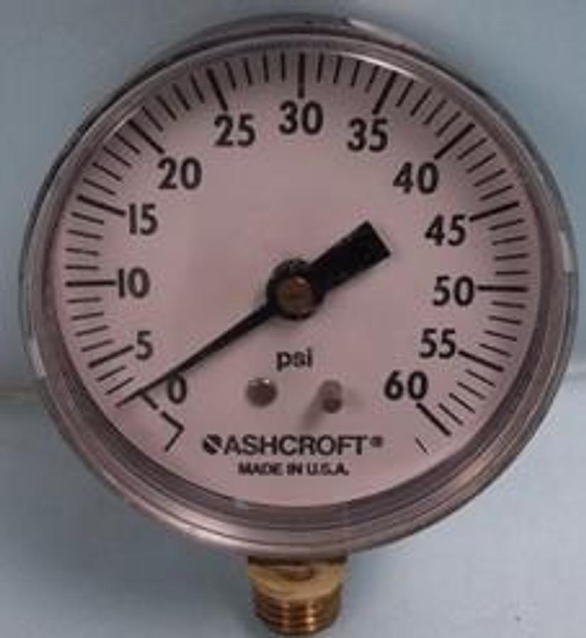 Used QTY. 1. ASHCROFT BRONZE TUBE BRASS SOCKET SOLDERED PRESSURE GAUGE READING 0-60PSI.