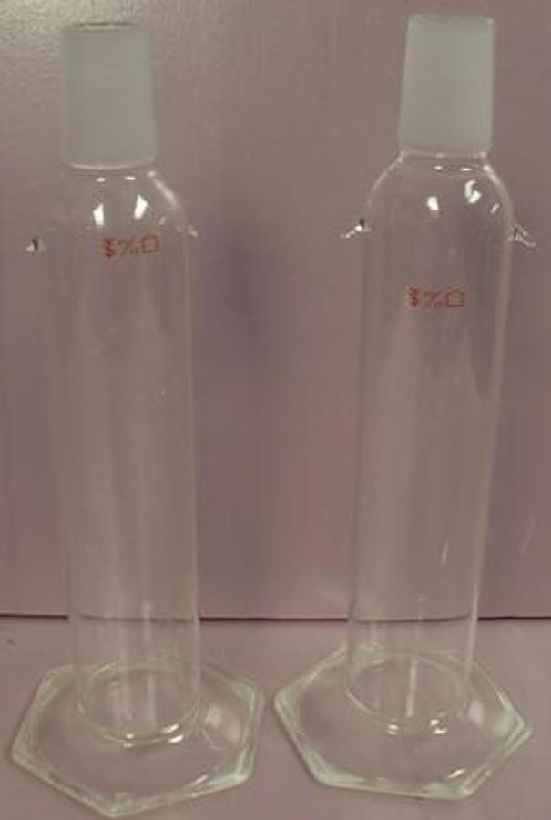 Used QTY. 2. PYREX 500 ML TALL FORM WASH BOTTLE WITH GLASS HOOKS ON BOTTLE BUT WITHOUT SPRINGS. 40/50 GROUND JOINT BOTTLE ONLY. .