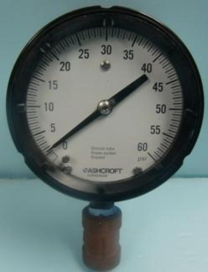 Used QTY. 1. ASHCROFT DURAGAUGE BRONZE TUBE BRASS SOCKET BRAZED GAUGE READING 0-60 PSI.