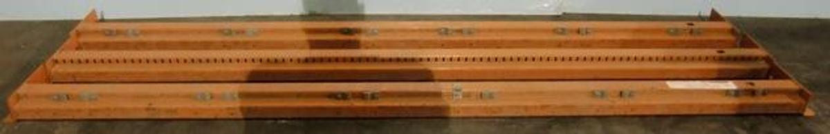 Used PALLET BEAMS 96" X 3 7/8" ORANGE L BRACKETT 8 ROUND HOLE 8. CLEAT 1 RECTANGULAR HOLE 5 ½" FROM BRACKETT INSIDE BOTTOM OF BEAM.