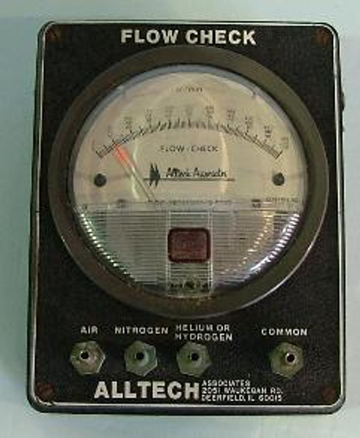Used QTY. 1. ALLTECH FLOW CHECK CAT NO 7080 AIR 0-500CC/MIN HYDROGEN 0-200CC/MIN NITROGEN AND HELIUM 0-100 CC/MIN.