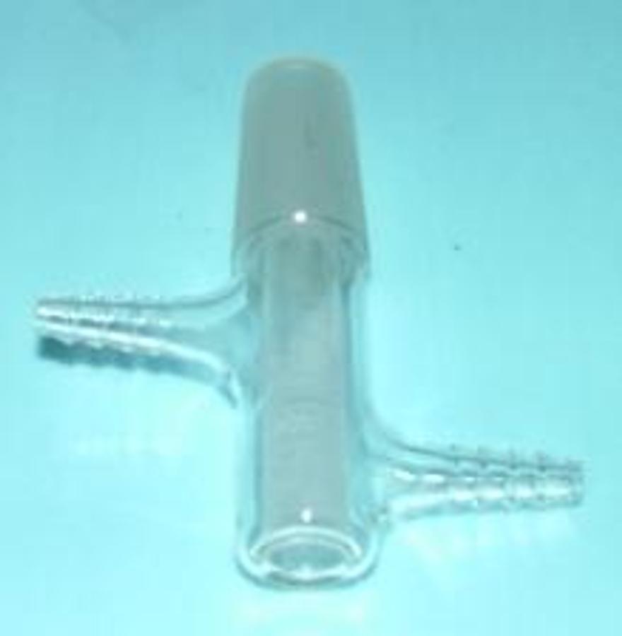 Used GLASS 24/40 MALE END ROUNDED GLASS BOTTOM END W/ 2 RUBBER HOSE FITTINGS.