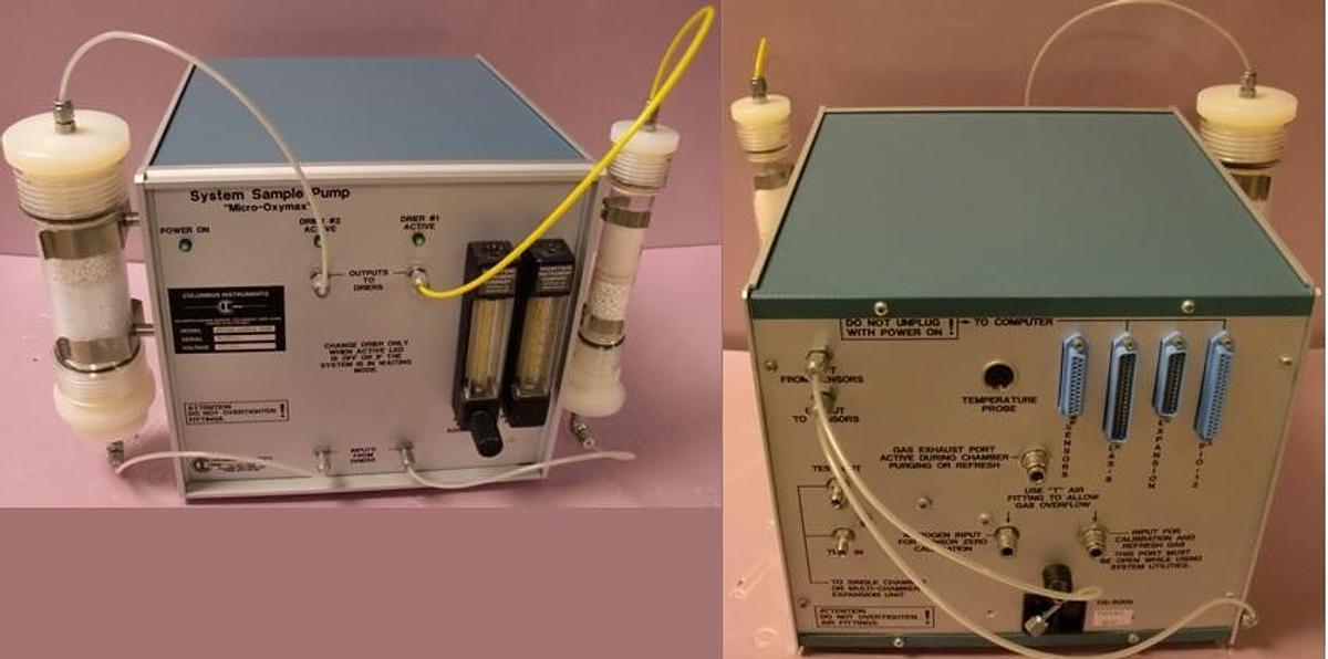 Used COLUMBUS INSTRUMENTS MICRO-OXYMAX SYSTEM SAMPLE PUMP WITH 2 DRYER TUBES. MODEL: SYSTEM SAMPLE PUMP