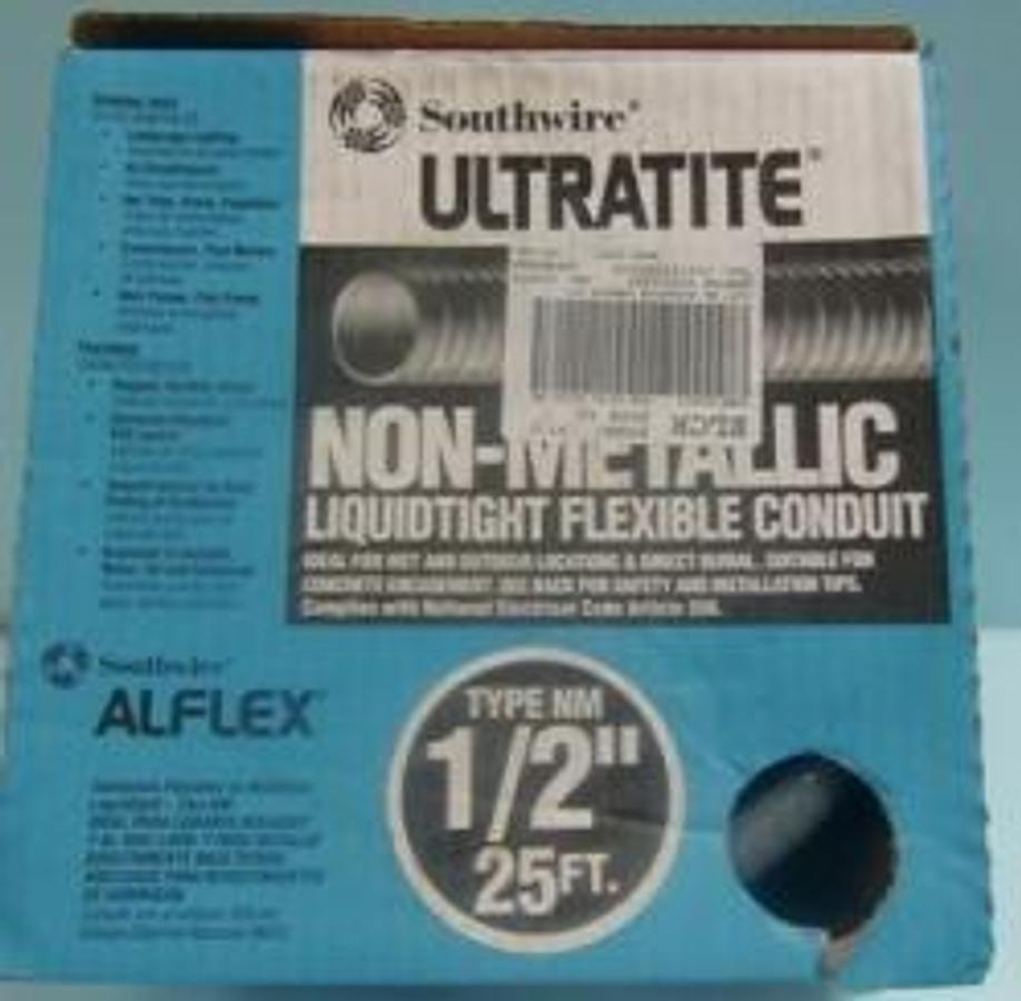 Used SOUTHWIRE ULTRATITE ALFLEX NON-METALLIC LIQUIDTIGHT FLEXIBLE CONDUIT TYPER NM ½" 25 FT. UL LISTED 22PT LIQUIDTIGHT FLEXIBLE NONMETALLIC CONDUIT TYPE B E-113116.