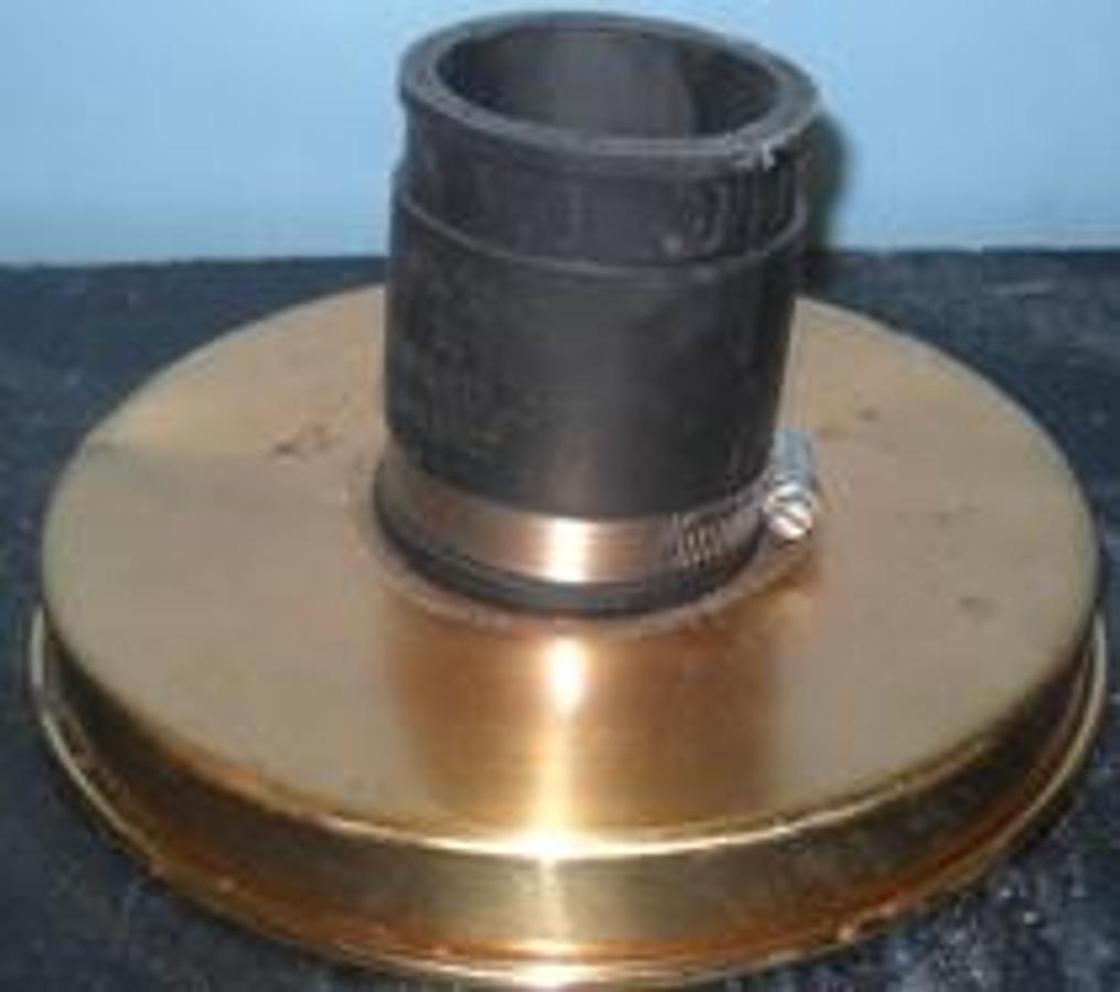 Used QTY. 1. USA 8" DIA SIEVE BOTTOM WITH 3" HOLE AND RUBBER HOSE ATTACHED.